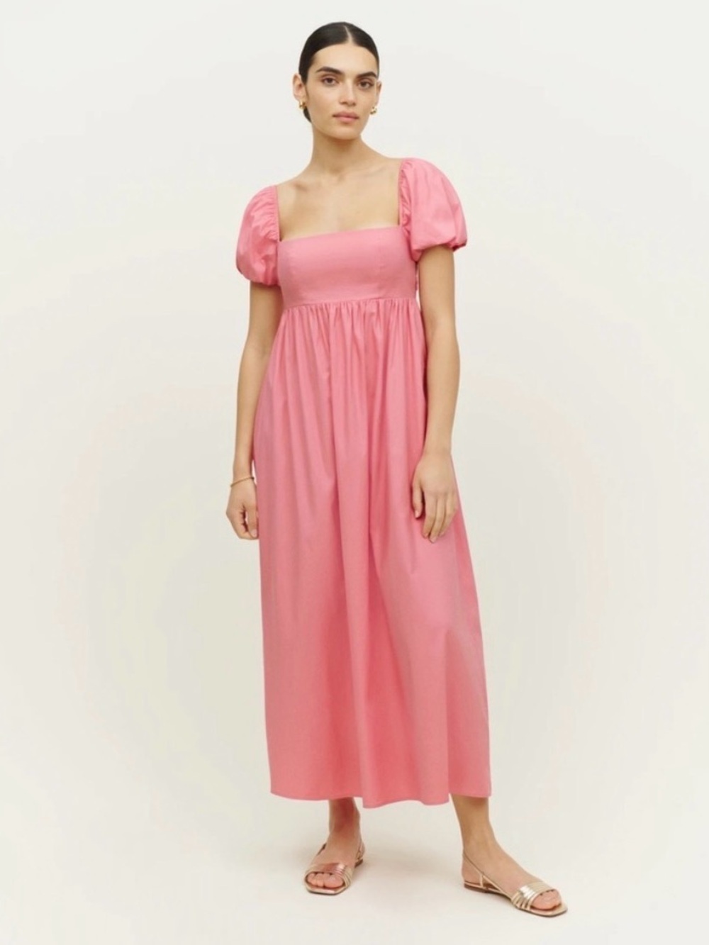 Reformation Aurelia Square Neck Pink Puff-Sleeve Dress Organic Cotton Feminine